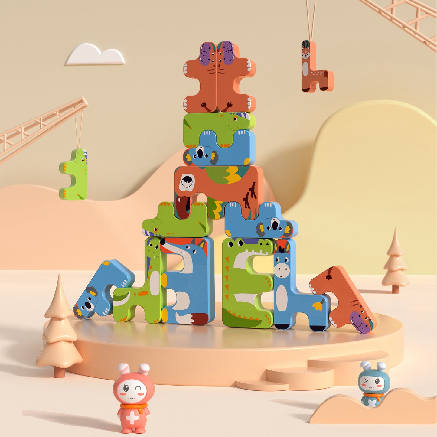 【Tumama KiDS】カラフルな動物の積み木 (15ピース) | バランスブロック レッド ブルー グリーン